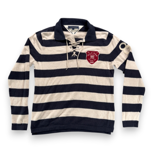 Tommy Hilfiger Polo Shirt Adult MEDIUM Blue White Striped Rugby String Lace Neck