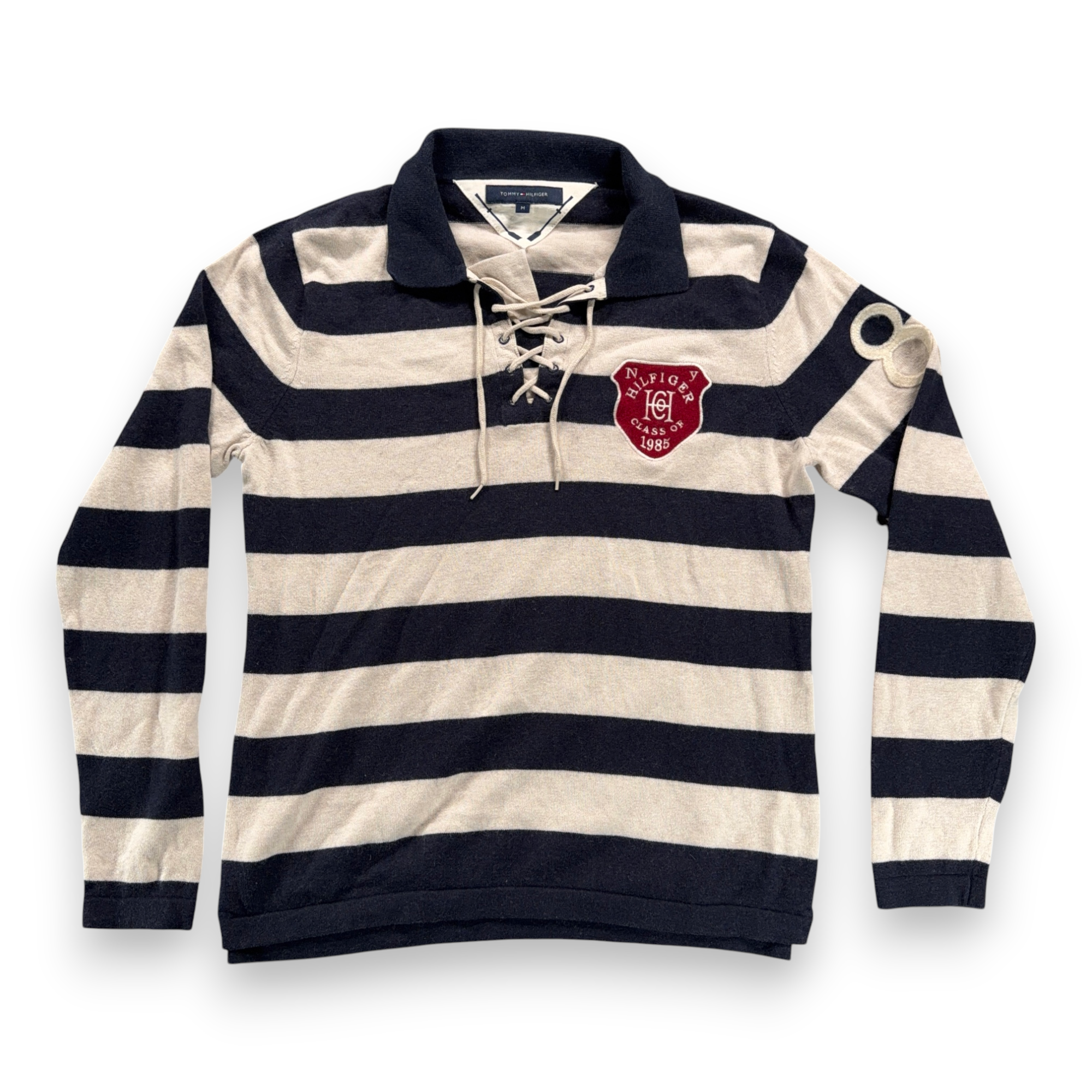 Tommy Hilfiger Polo Shirt Adult MEDIUM Blue White Striped Rugby String Lace Neck-1 Tommy Hilfiger Polo Shirt Adult MEDIUM Blue White Striped Rugby String Lace Neck