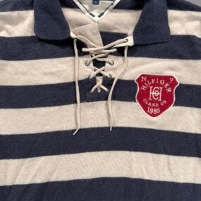 Tommy Hilfiger Polo Shirt Adult MEDIUM Blue White Striped Rugby String Lace Neck