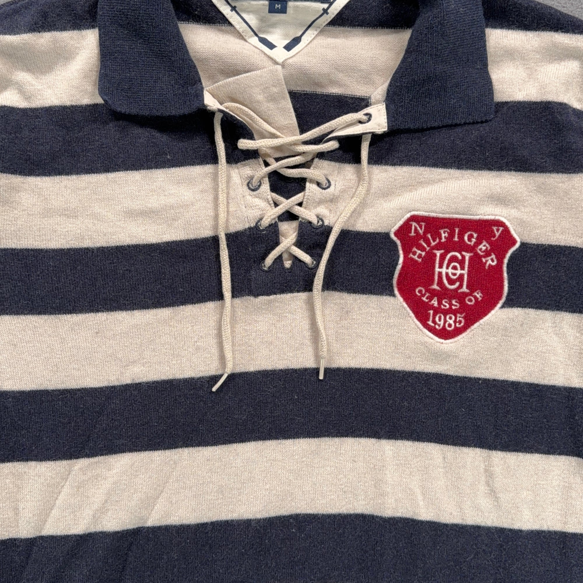 Tommy Hilfiger Polo Shirt Adult MEDIUM Blue White Striped Rugby String Lace Neck-3 Tommy Hilfiger Polo Shirt Adult MEDIUM Blue White Striped Rugby String Lace Neck