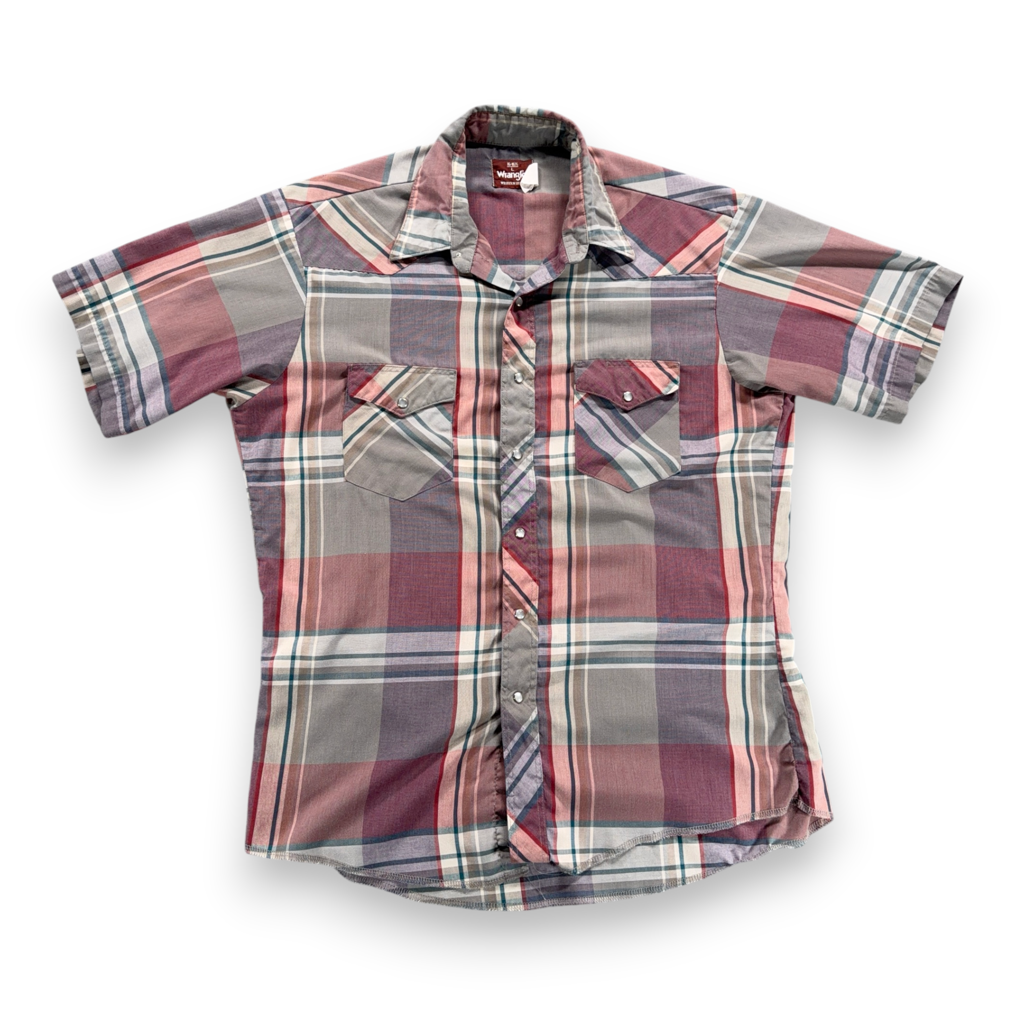 Vintage Wrangler Western Shirt Adult LARGE Gray Pastel Plaid Pearl Snap 80s-1 Vintage Wrangler Western Shirt Adult LARGE Gray Pastel Plaid Pearl Snap 80s