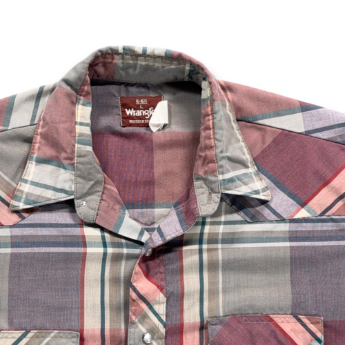 Vintage Wrangler Western Shirt Adult LARGE Gray Pastel Plaid Pearl Snap 80s-2 Vintage Wrangler Western Shirt Adult LARGE Gray Pastel Plaid Pearl Snap 80s
