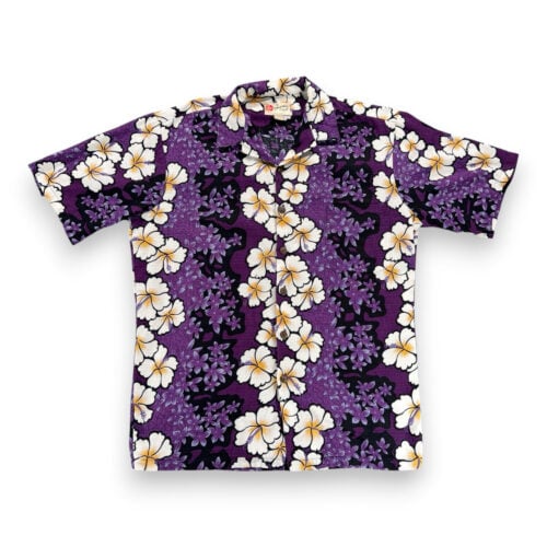 Vintage Hilo Hattie Hawaiian Shirt Adult LARGE Purple Floral Barkcloth USA Y2K