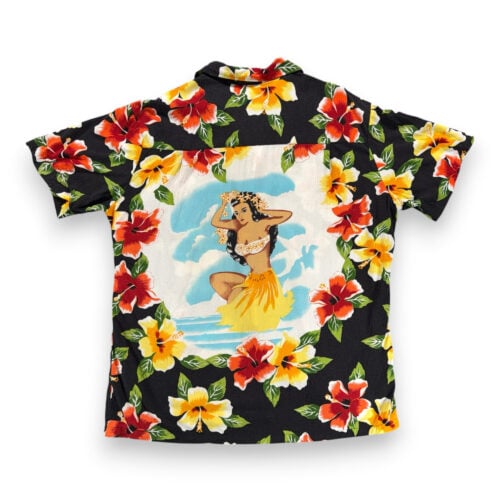 Vintage Kennington Hawaiian Shirt Adult LARGE Black Hula Girl Floral Aloha 90s