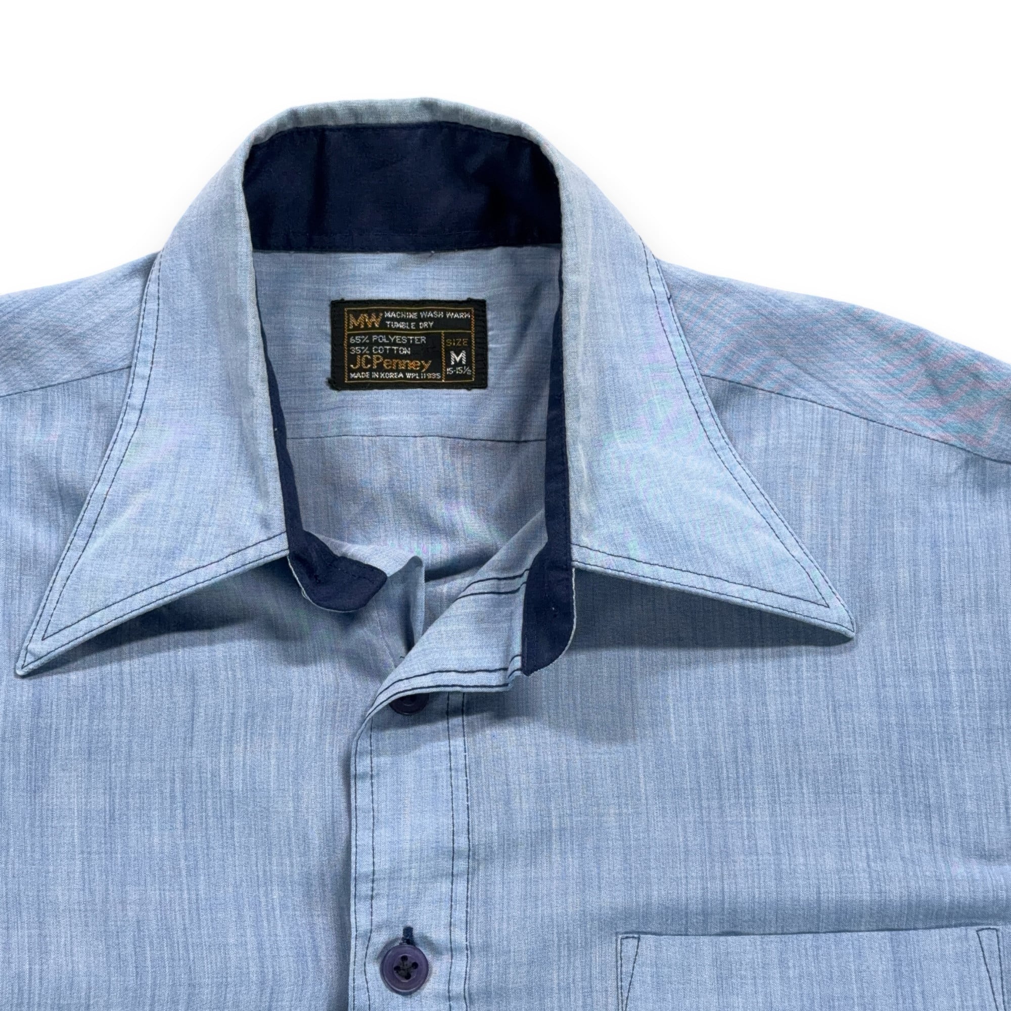 Vintage JCPenney Shirt Adult MEDIUM Blue Chambray Pocket Navy Trim Workwear 70s-2 Vintage JCPenney Shirt Adult MEDIUM Blue Chambray Pocket Navy Trim Workwear 70s