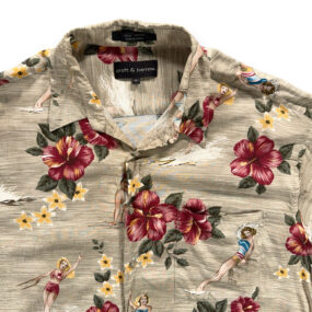 Croft Barrow Hawaiian Shirt Adult EXTRA LARGE Brown Floral Pinup Girl Camp Print