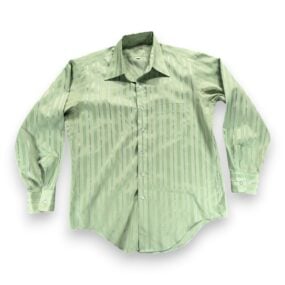 Vintage Disco Shirt Adult LARGE Green Striped Textured Disco Collar Sage 70s