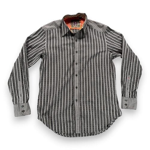 Robert Graham Shirt Adult SMALL Gray Black Striped Plaid Contrast Trim Flip Cuff