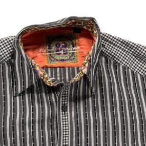 Robert Graham Shirt Adult SMALL Gray Black Striped Plaid Contrast Trim Flip Cuff