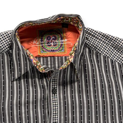Robert Graham Shirt Adult SMALL Gray Black Striped Plaid Contrast Trim Flip Cuff-2 Robert Graham Shirt Adult SMALL Gray Black Striped Plaid Contrast Trim Flip Cuff