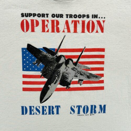 Vintage Desert Storm Shirt Adult MEDIUM White Screen Stars Military Jet Flag 90s-2 Vintage Desert Storm Shirt Adult MEDIUM White Screen Stars Military Jet Flag 90s