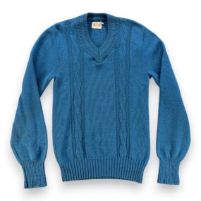 Vintage Campus Sweater Adult SMALL Blue Wool Cable Knit V Neck Ribbed USA 60s