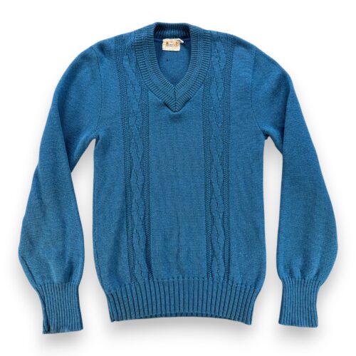 Vintage Campus Sweater Adult SMALL Blue Wool Cable Knit V Neck Ribbed USA 60s