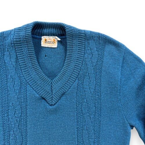 Vintage Campus Sweater Adult SMALL Blue Wool Cable Knit V Neck Ribbed USA 60s-2 Vintage Campus Sweater Adult SMALL Blue Wool Cable Knit V Neck Ribbed USA 60s