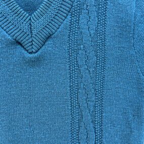 Vintage Campus Sweater Adult SMALL Blue Wool Cable Knit V Neck Ribbed USA 60s