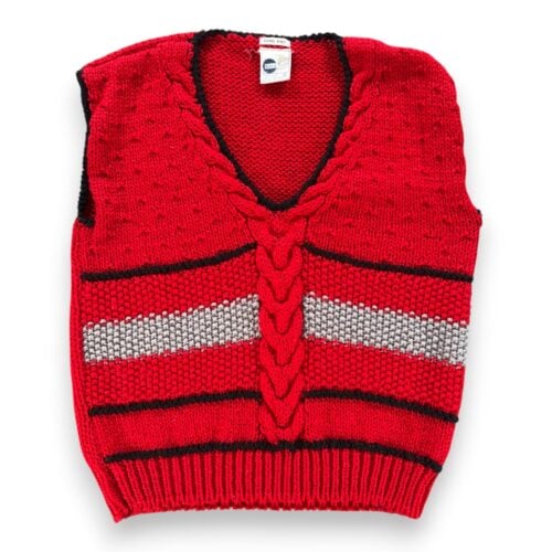 Vintage Sweater Vest Adult LARGE Red Black Gray Acrylic Chunky Cable Knit 80s