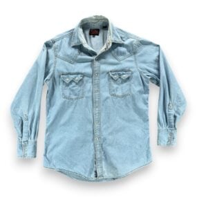 Plains Western Shirt Adult MEDIUM Blue Denim Cotton Pearl Snap Light Wash Cowboy