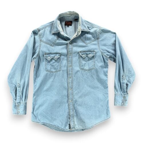Plains Western Shirt Adult MEDIUM Blue Denim Cotton Pearl Snap Light Wash Cowboy
