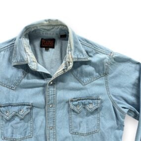 Plains Western Shirt Adult MEDIUM Blue Denim Cotton Pearl Snap Light Wash Cowboy