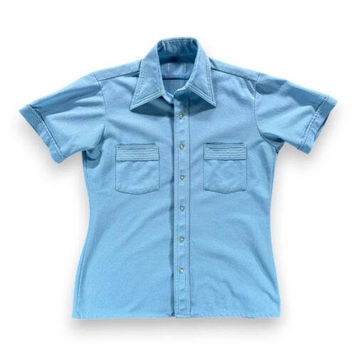 Vintage Arrow Disco Shirt Adult MEDIUM Blue Crepe Polyester Contrast Stitch 70s