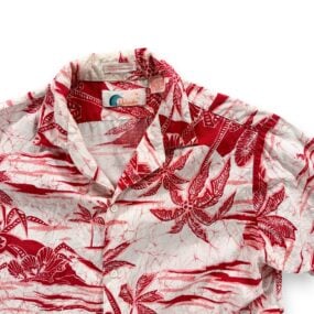 Vintage Islander Hawaiian Shirt Adult MEDIUM White Red Rayon Tropical Palms 90s