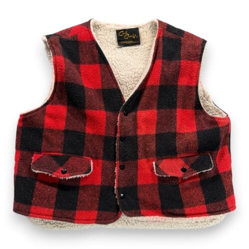 Vintage Cal Craft Vest Adult LARGE Red Black Buffalo Check Sherpa Western US 70s