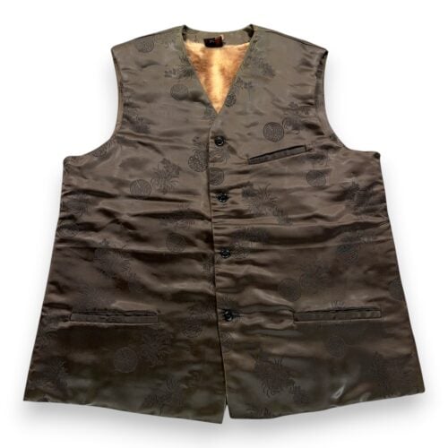 Vintage Chinese Vest Adult MEDIUM Brown Silk Real Fur Brocade Button Up 90s