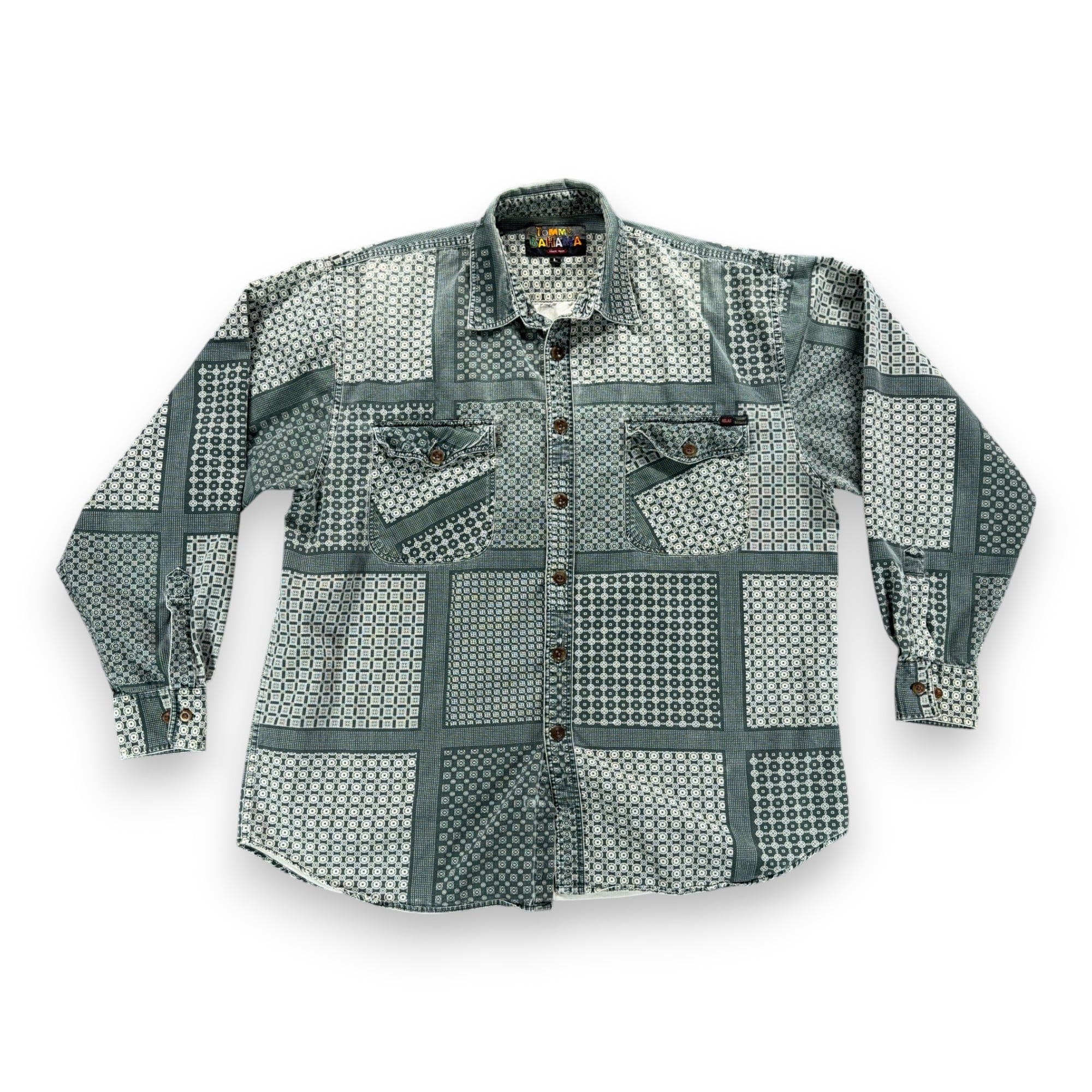 Vintage Tommy Bahama Shirt Adult LARGE Green White Cotton Geometric Print 90s-1 Vintage Tommy Bahama Shirt Adult LARGE Green White Cotton Geometric Print 90s