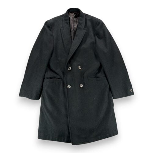 Vintage Tempo Coat Adult SMALL Black Wool Herringbone Overcoat Satin USA 70s
