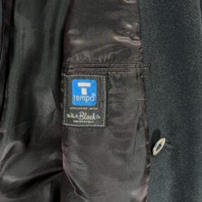 Vintage Tempo Coat Adult SMALL Black Wool Herringbone Overcoat Satin USA 70s