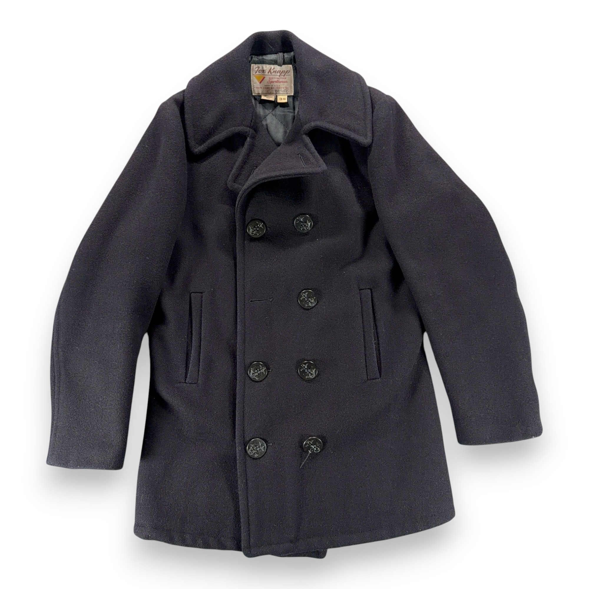 Vintage Fox Knapp Coat Adult SMALL Black Wool Peacoat Anchor Button Quilt USA 60-1 Vintage Fox Knapp Coat Adult SMALL Black Wool Peacoat Anchor Button Quilt USA 60