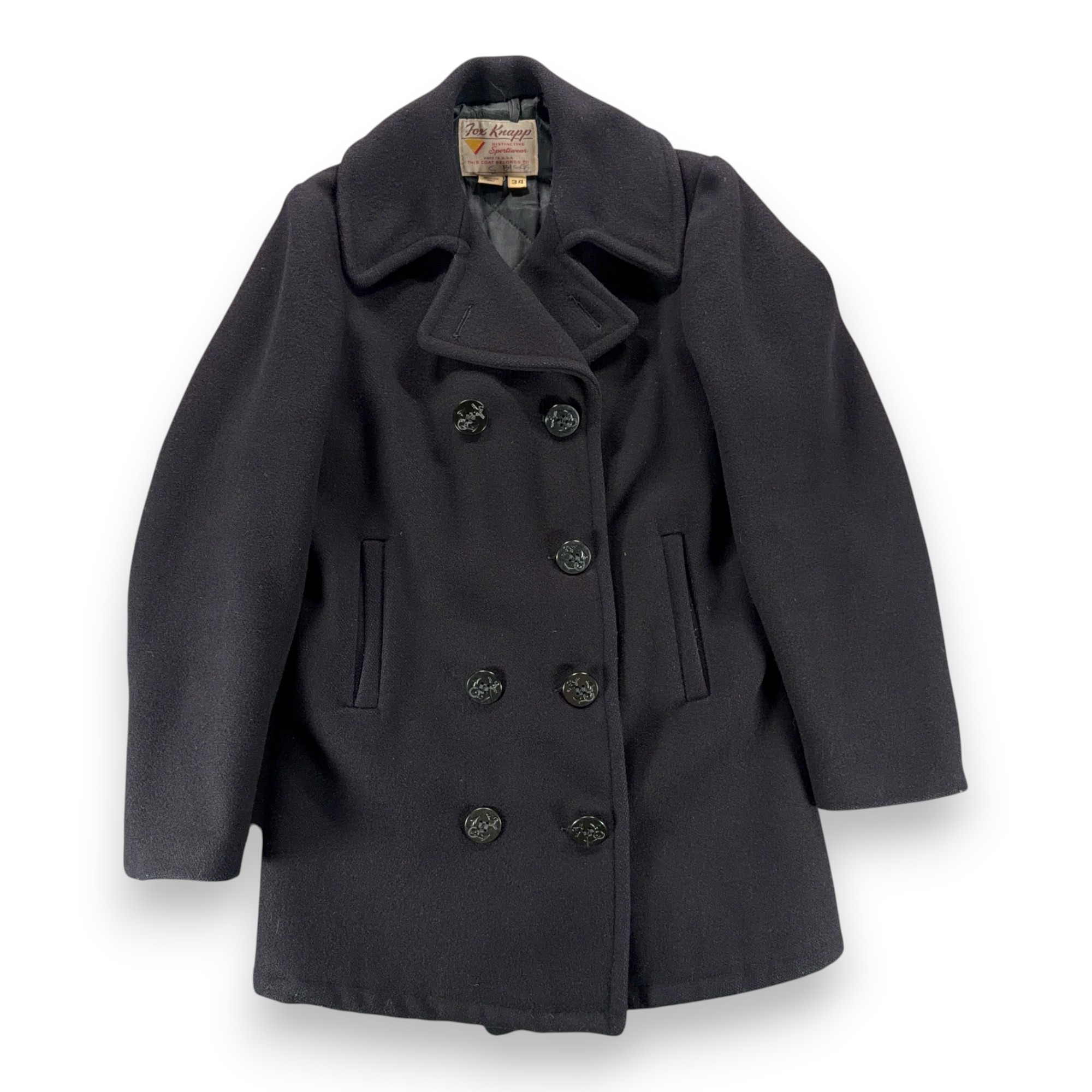 Vintage Fox Knapp Coat Adult SMALL Black Wool Peacoat Anchor Button Quilt USA 60-2 Vintage Fox Knapp Coat Adult SMALL Black Wool Peacoat Anchor Button Quilt USA 60