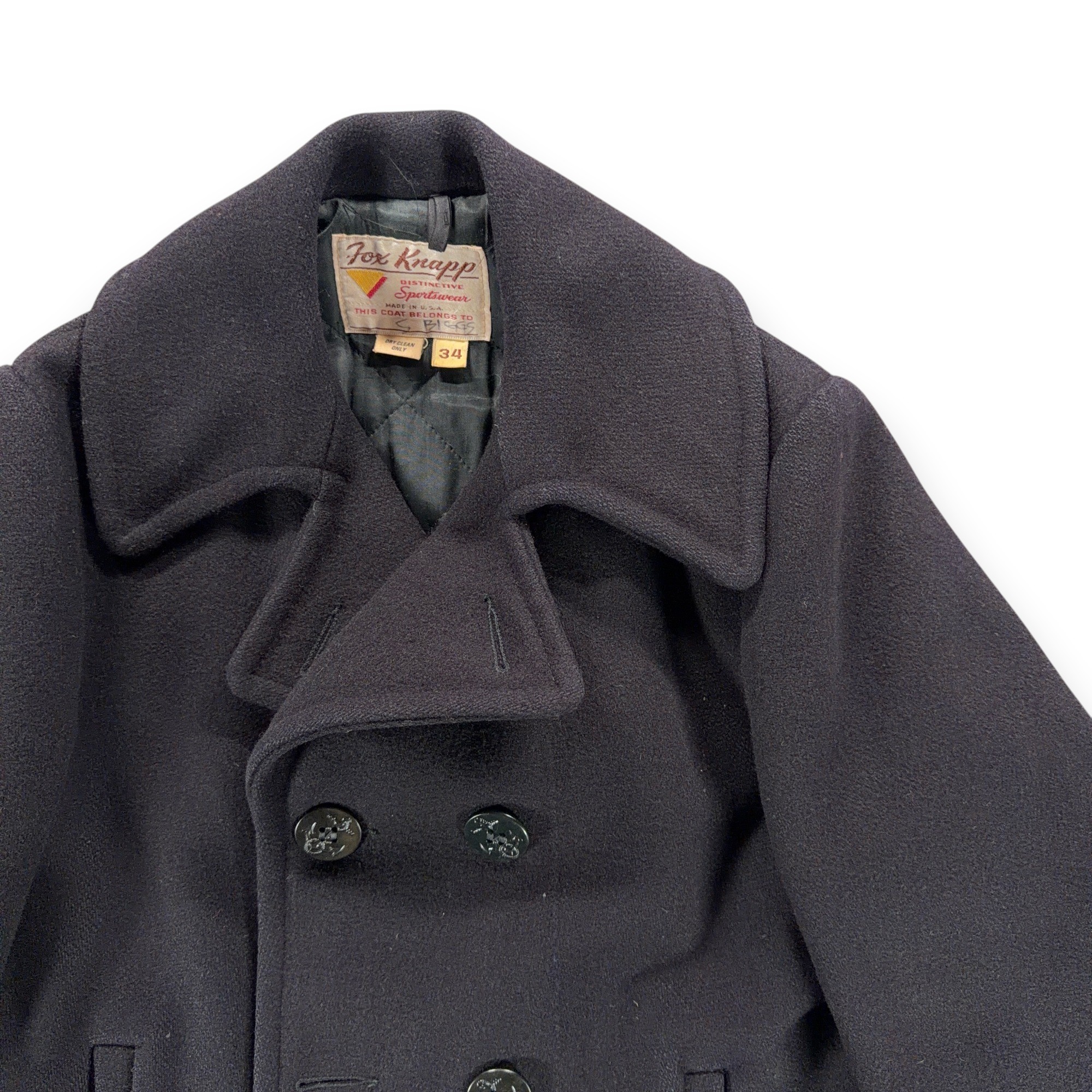 Vintage Fox Knapp Coat Adult SMALL Black Wool Peacoat Anchor Button Quilt USA 60-3 Vintage Fox Knapp Coat Adult SMALL Black Wool Peacoat Anchor Button Quilt USA 60