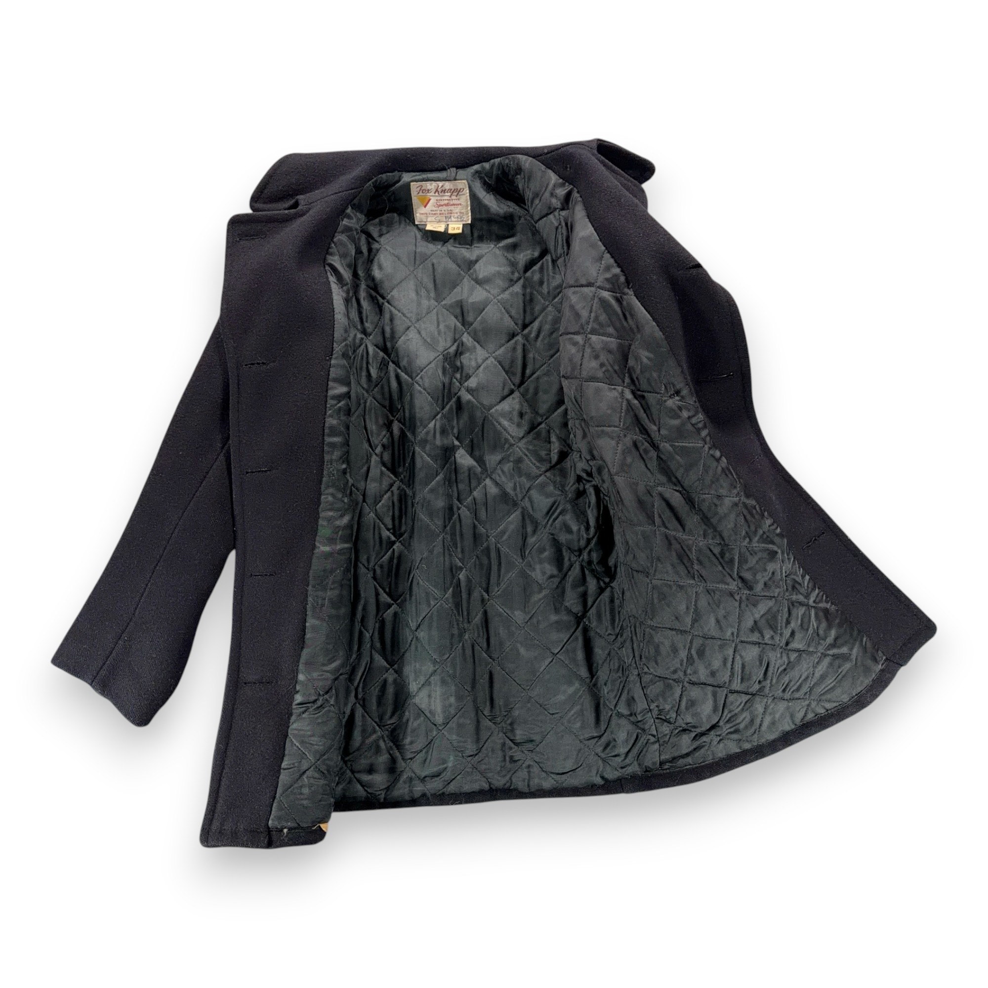 Vintage Fox Knapp Coat Adult SMALL Black Wool Peacoat Anchor Button Quilt USA 60-5 Vintage Fox Knapp Coat Adult SMALL Black Wool Peacoat Anchor Button Quilt USA 60