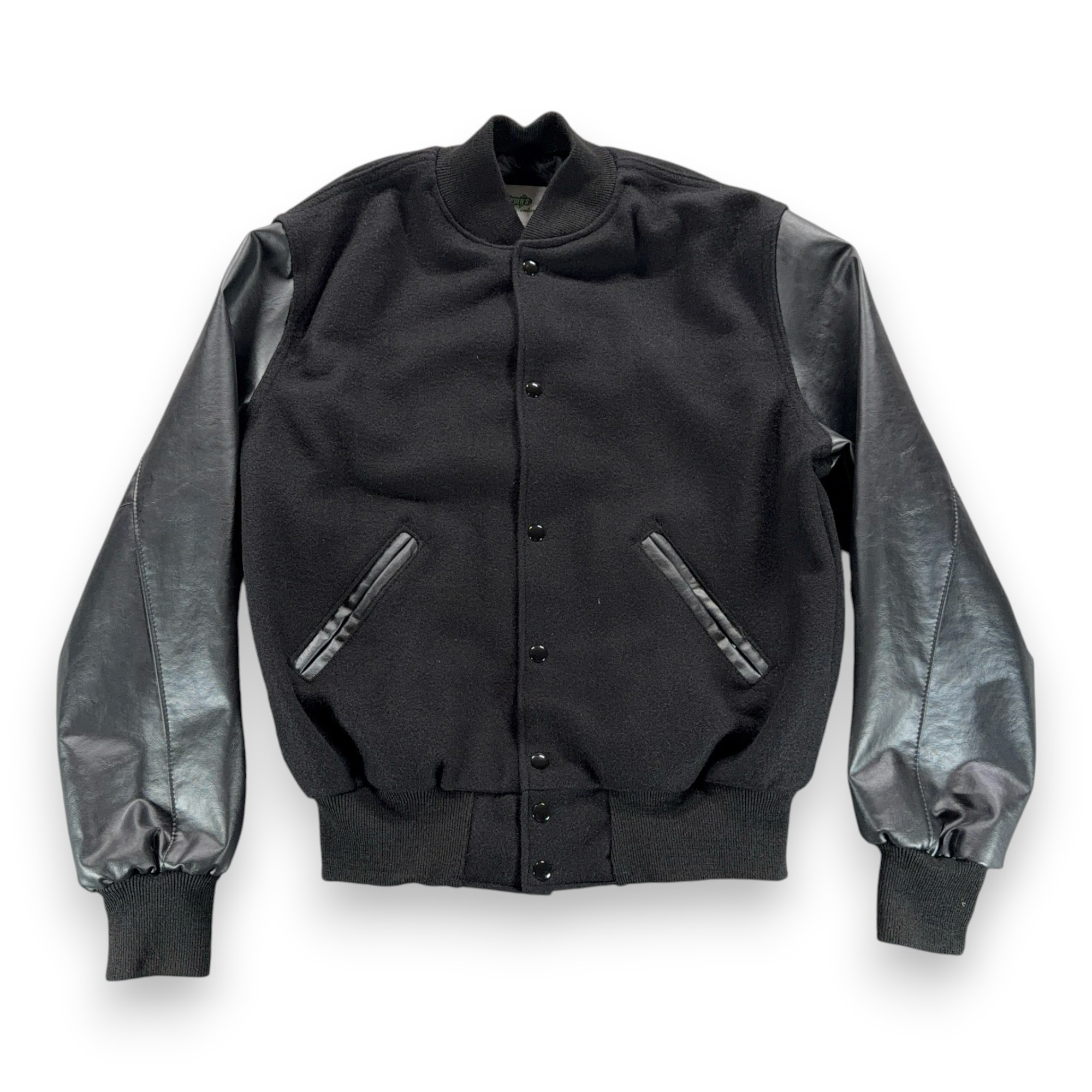 Vintage Varsity Jacket Adult Medium Black Wool Vinyl Bomber Letterman USA 90s-1 Vintage Varsity Jacket Adult Medium Black Wool Vinyl Bomber Letterman USA 90s