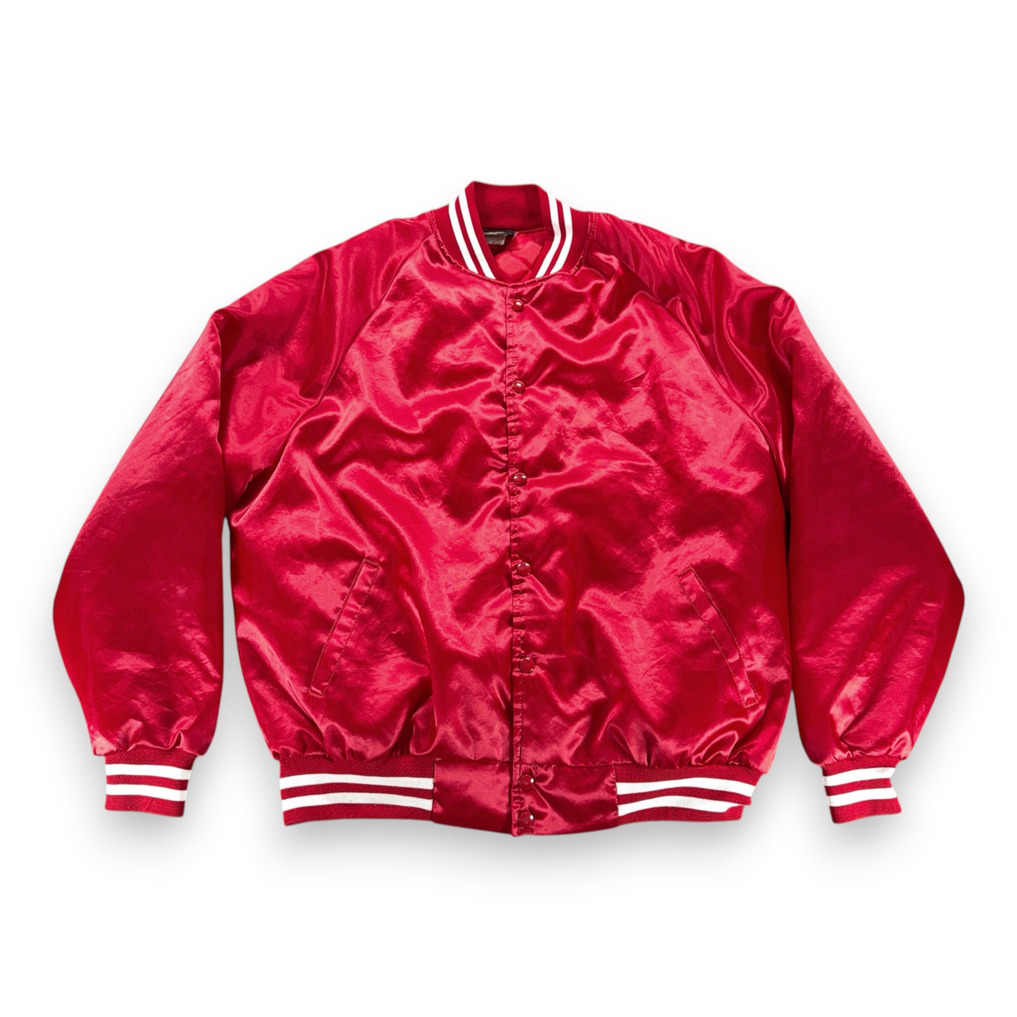 Vintage Jacket Adult Extra Large Red White Satin Snap Bomber Raglan USA 80s-1 Vintage Jacket Adult Extra Large Red White Satin Snap Bomber Raglan USA 80s