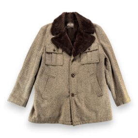 Vintage Campus Coat Adult Large Brown Herringbone Tweed Faux Fur Lined USA 70s