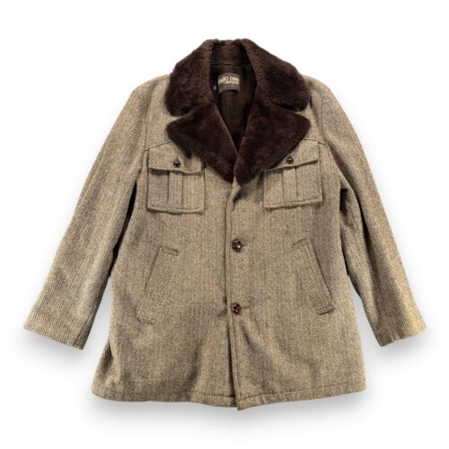 Vintage Campus Coat Adult Large Brown Herringbone Tweed Faux Fur Lined USA 70s