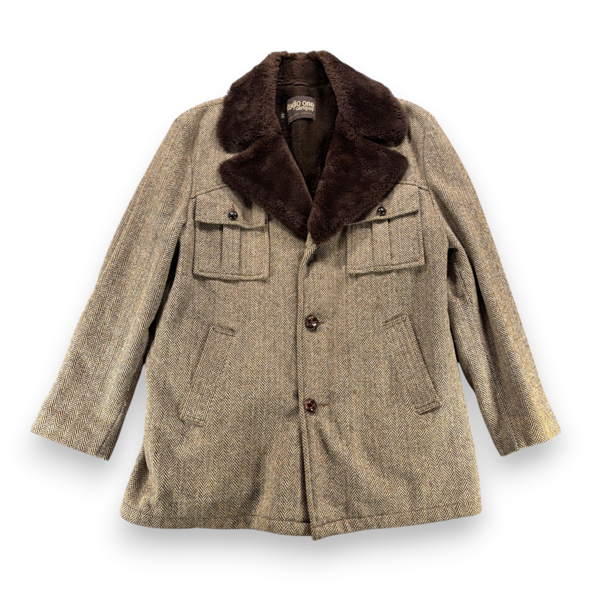 Vintage Campus Coat Adult Large Brown Herringbone Tweed Faux Fur Lined USA 70s