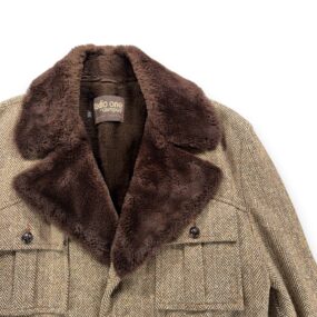 Vintage Campus Coat Adult Large Brown Herringbone Tweed Faux Fur Lined USA 70s