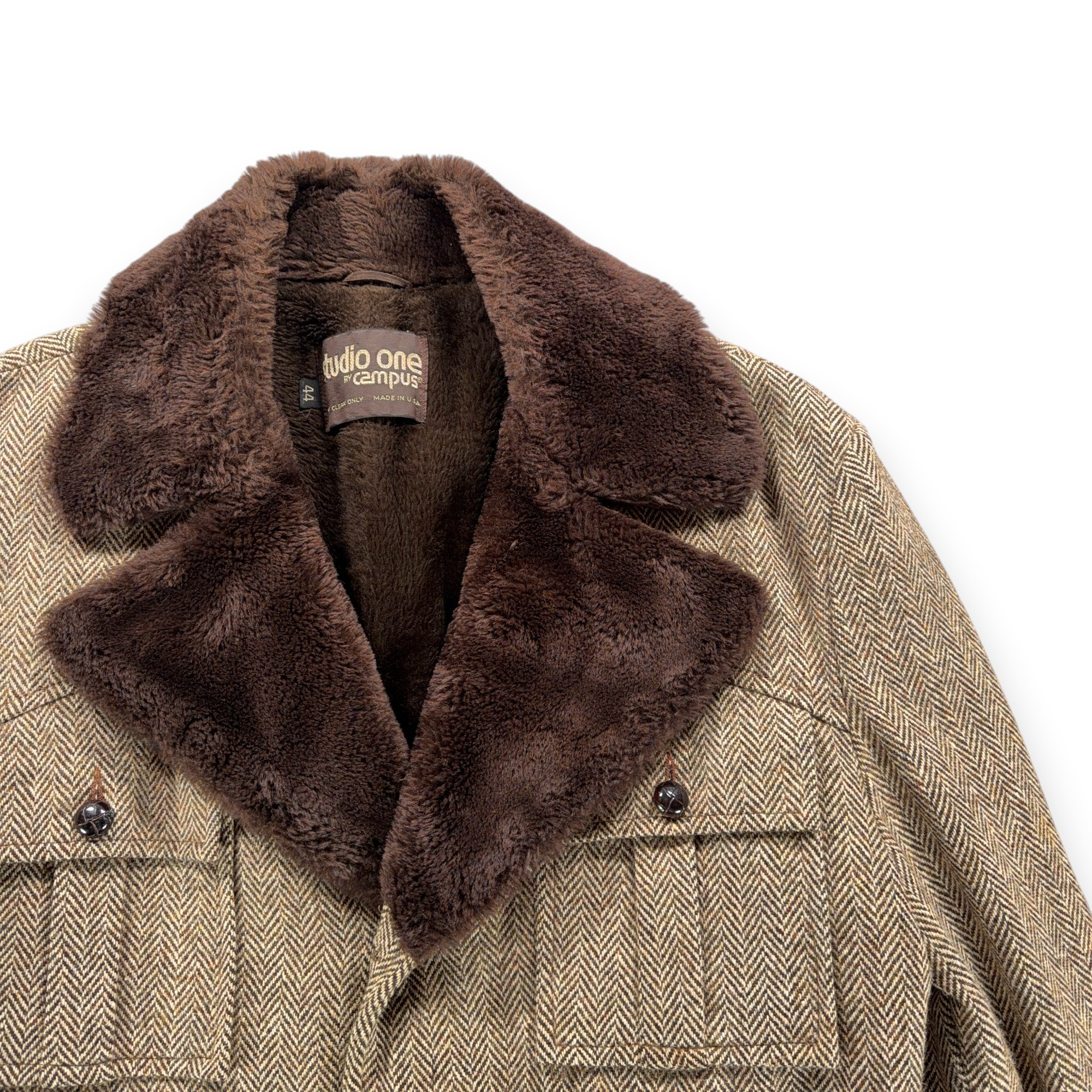 Vintage Campus Coat Adult Large Brown Herringbone Tweed Faux Fur Lined USA 70s-2 Vintage Campus Coat Adult Large Brown Herringbone Tweed Faux Fur Lined USA 70s
