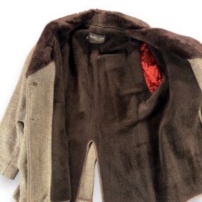 Vintage Campus Coat Adult Large Brown Herringbone Tweed Faux Fur Lined USA 70s