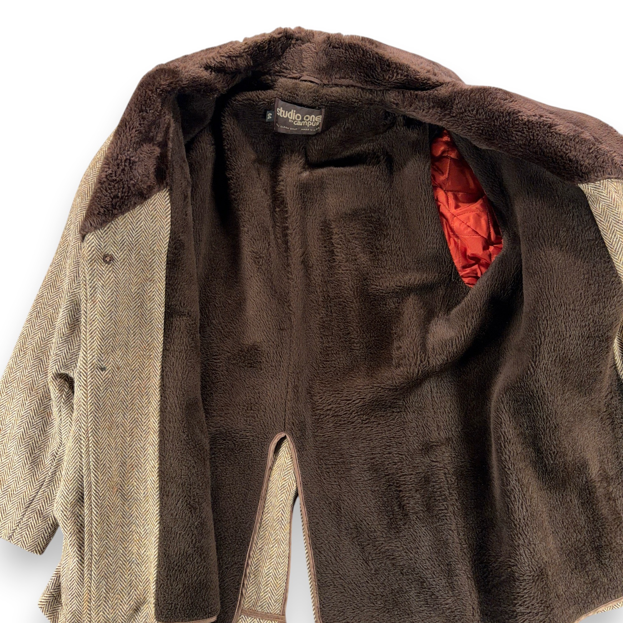 Vintage Campus Coat Adult Large Brown Herringbone Tweed Faux Fur Lined USA 70s-4 Vintage Campus Coat Adult Large Brown Herringbone Tweed Faux Fur Lined USA 70s