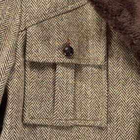 Vintage Campus Coat Adult Large Brown Herringbone Tweed Faux Fur Lined USA 70s