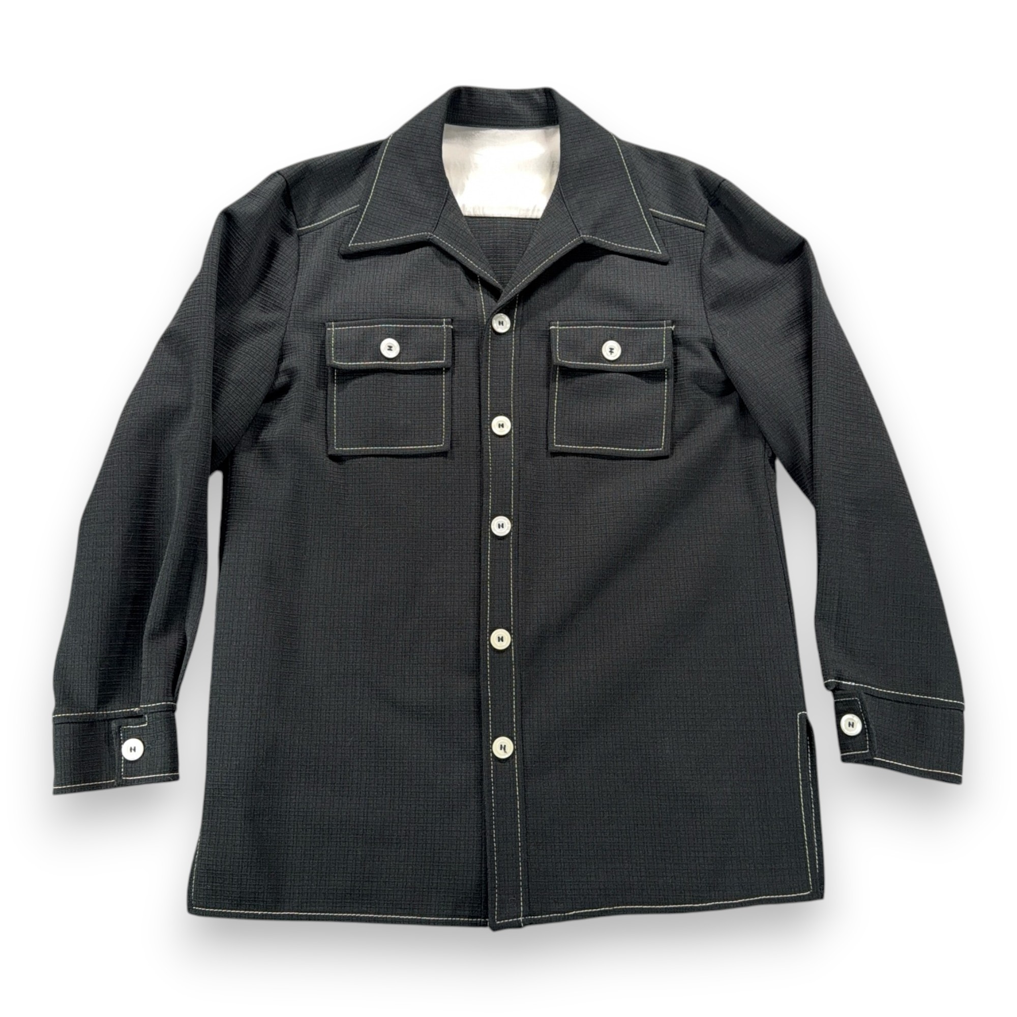 Vintage Leisure Shirt Adult MEDIUM Black Contrast Stitch Pointed Collar 70s-1 Vintage Leisure Shirt Adult MEDIUM Black Contrast Stitch Pointed Collar 70s