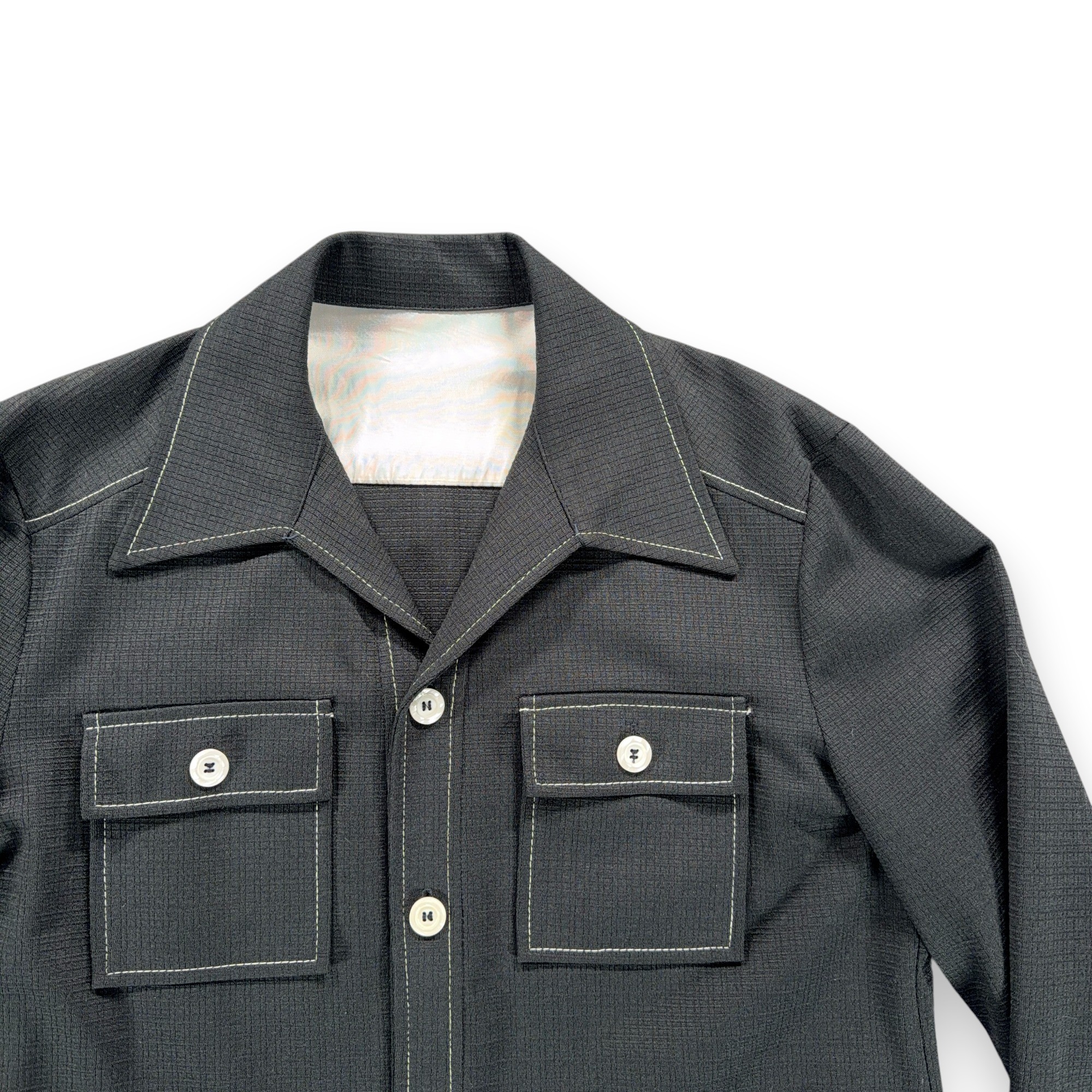 Vintage Leisure Shirt Adult MEDIUM Black Contrast Stitch Pointed Collar 70s-2 Vintage Leisure Shirt Adult MEDIUM Black Contrast Stitch Pointed Collar 70s
