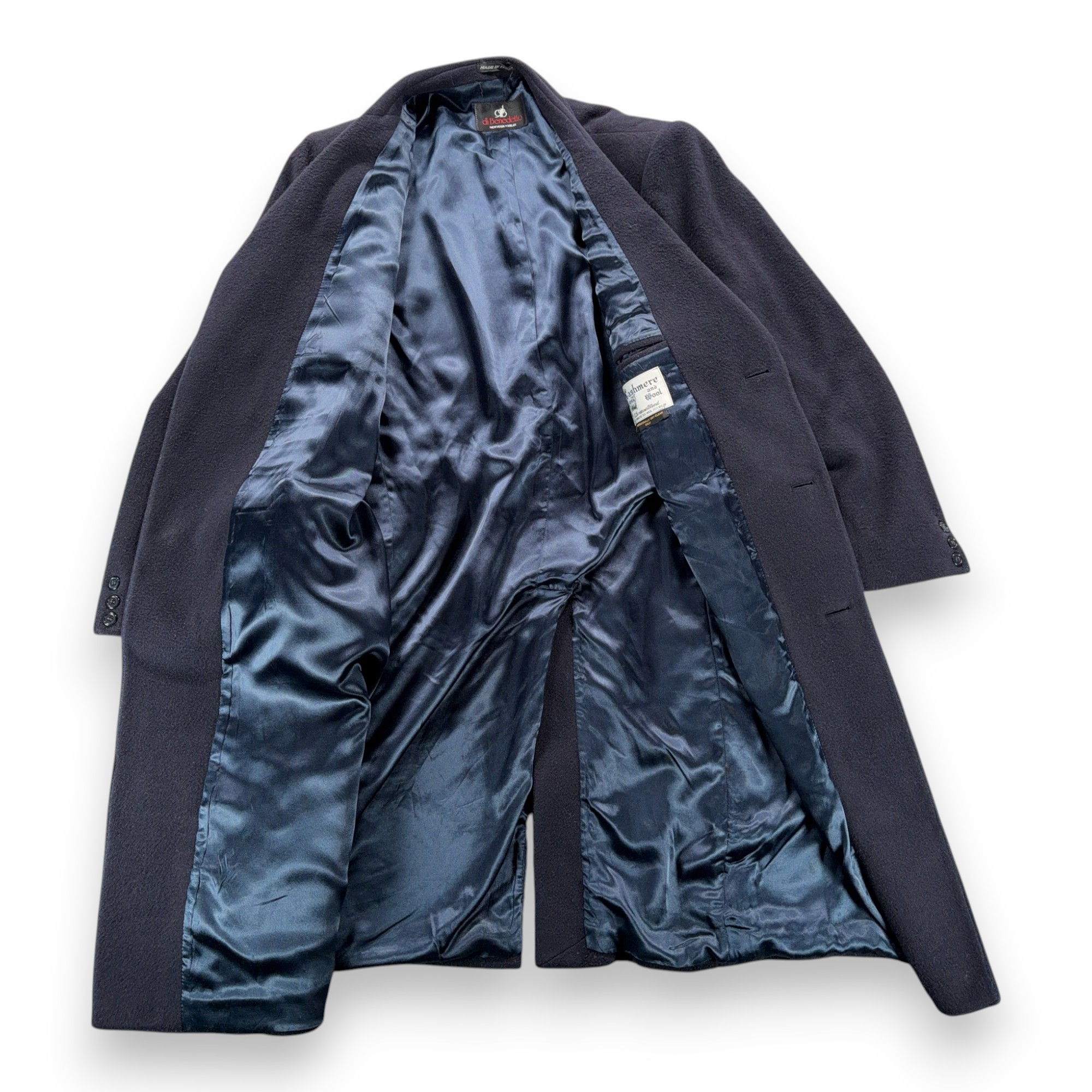 Vintage di Benedetto Coat Adult LARGE Blue Cashmere Wool Satin Long Italy 90s-4 Vintage di Benedetto Coat Adult LARGE Blue Cashmere Wool Satin Long Italy 90s