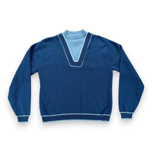Vintage Sweater Adult MEDIUM Blue Two Tone V Neck Mod Orlon Acrylic Knit USA 60s