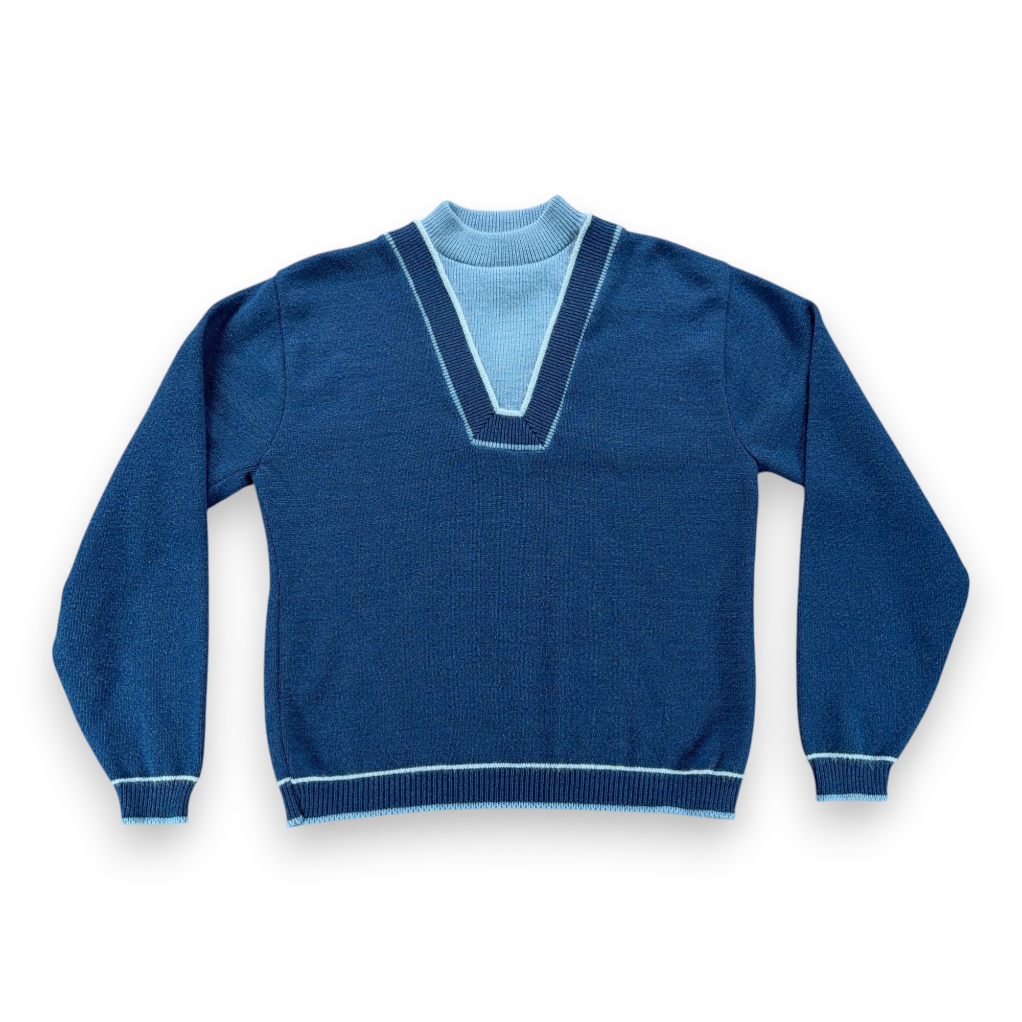 Vintage Sweater Adult MEDIUM Blue Two Tone V Neck Mod Orlon Acrylic Knit USA 60s-1 Vintage Sweater Adult MEDIUM Blue Two Tone V Neck Mod Orlon Acrylic Knit USA 60s