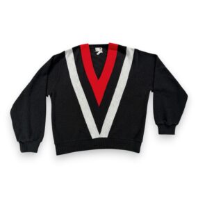 Vintage Aldens Sweater Adult LARGE Black Red V Stripe Chevron Mod Orlon USA 60s